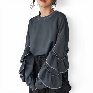 Slate Gray Ruffle Statement Sleeve Top Size: Large New